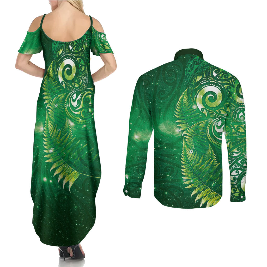 Aotearoa New Zealand New Year Couples Matching Summer Maxi Dress and Long Sleeve Button Shirt Tribal Koru Tattoo Green Galaxy Maori Silver Fern