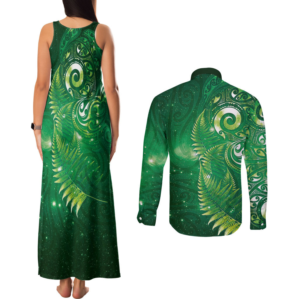 Aotearoa New Zealand New Year Couples Matching Tank Maxi Dress and Long Sleeve Button Shirt Tribal Koru Tattoo Green Galaxy Maori Silver Fern