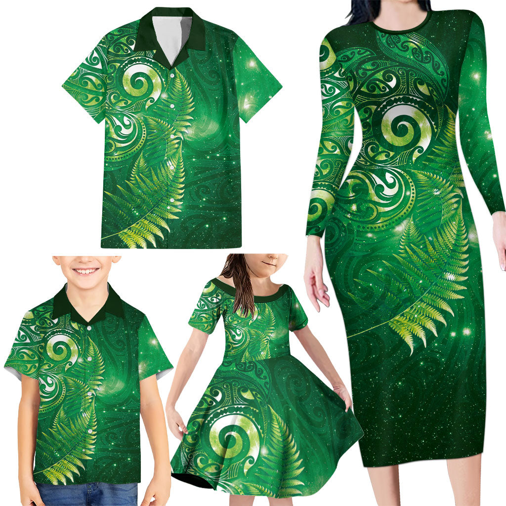 Aotearoa New Zealand New Year Family Matching Long Sleeve Bodycon Dress and Hawaiian Shirt Tribal Koru Tattoo Green Galaxy Maori Silver Fern