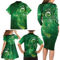 Aotearoa New Zealand New Year Family Matching Long Sleeve Bodycon Dress and Hawaiian Shirt Tribal Koru Tattoo Green Galaxy Maori Silver Fern