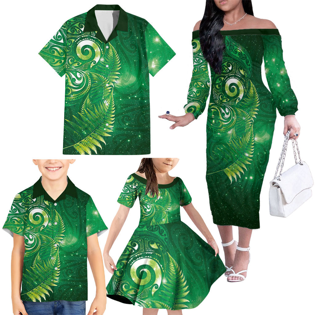 Aotearoa New Zealand New Year Family Matching Off The Shoulder Long Sleeve Dress and Hawaiian Shirt Tribal Koru Tattoo Green Galaxy Maori Silver Fern LT03 - Polynesian Pride
