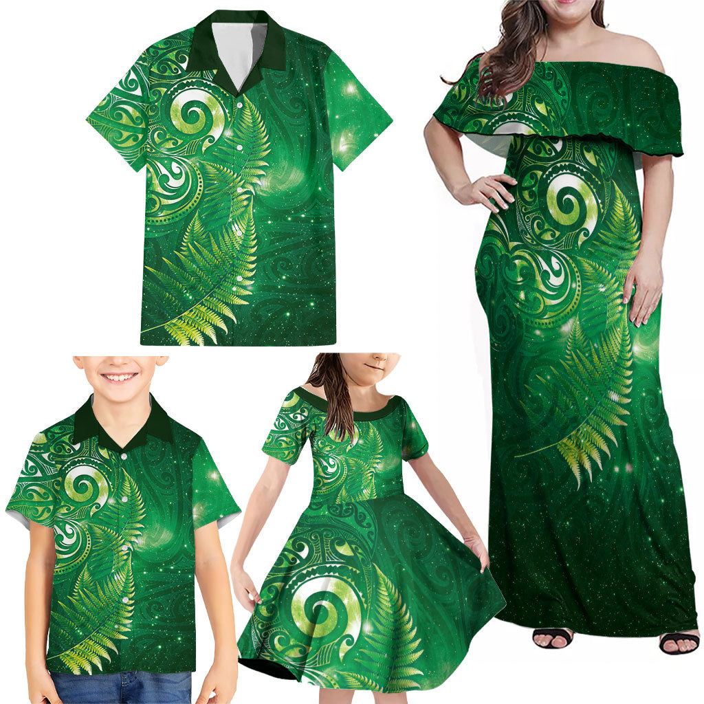 Aotearoa New Zealand New Year Family Matching Off Shoulder Maxi Dress and Hawaiian Shirt Tribal Koru Tattoo Green Galaxy Maori Silver Fern