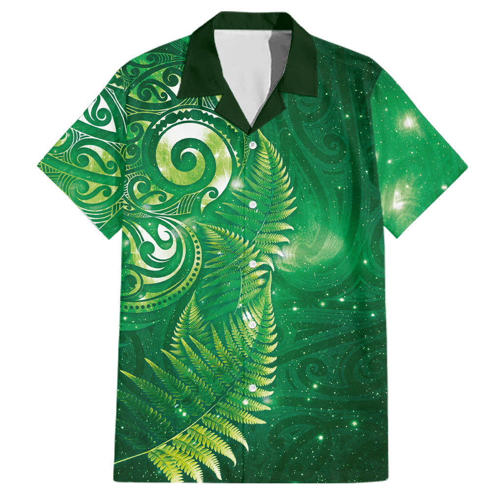 Aotearoa New Zealand New Year Family Matching Off Shoulder Maxi Dress and Hawaiian Shirt Tribal Koru Tattoo Green Galaxy Maori Silver Fern