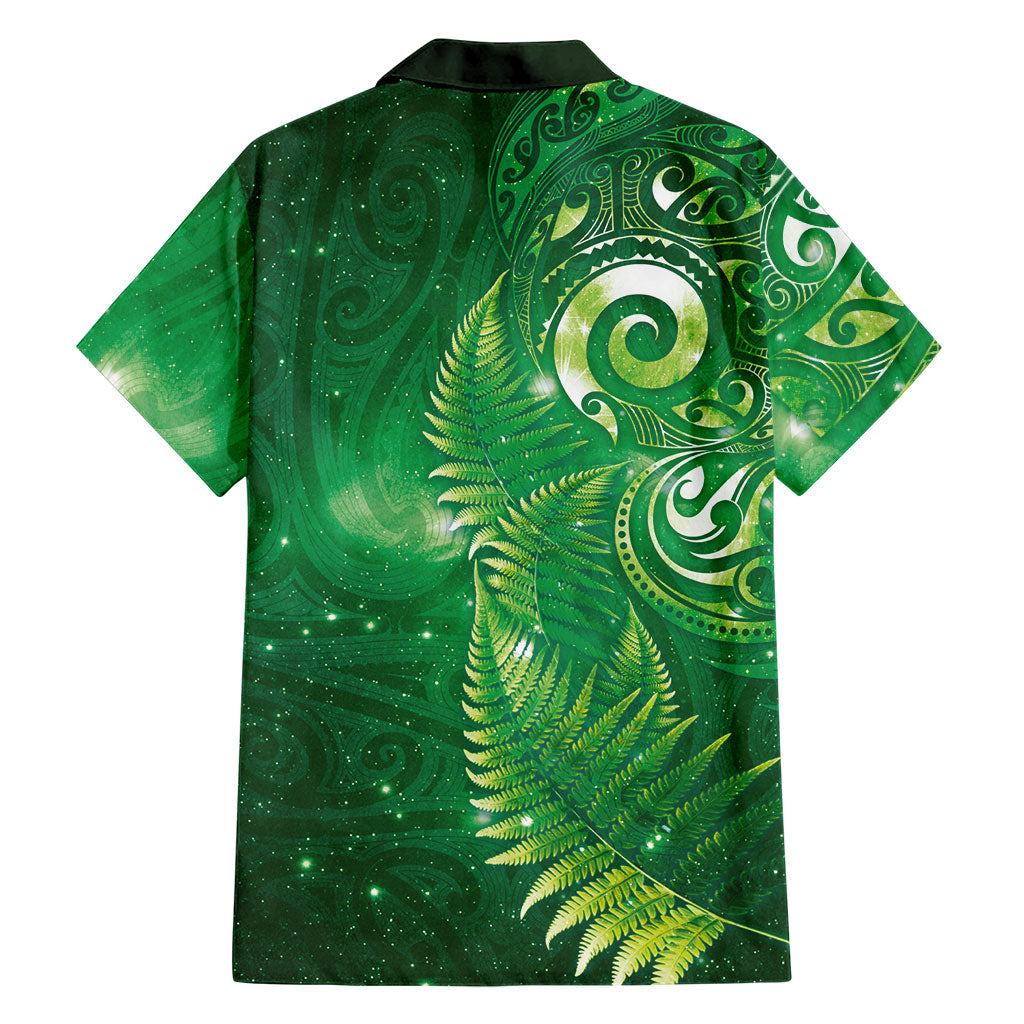 Aotearoa New Zealand New Year Family Matching Off Shoulder Maxi Dress and Hawaiian Shirt Tribal Koru Tattoo Green Galaxy Maori Silver Fern