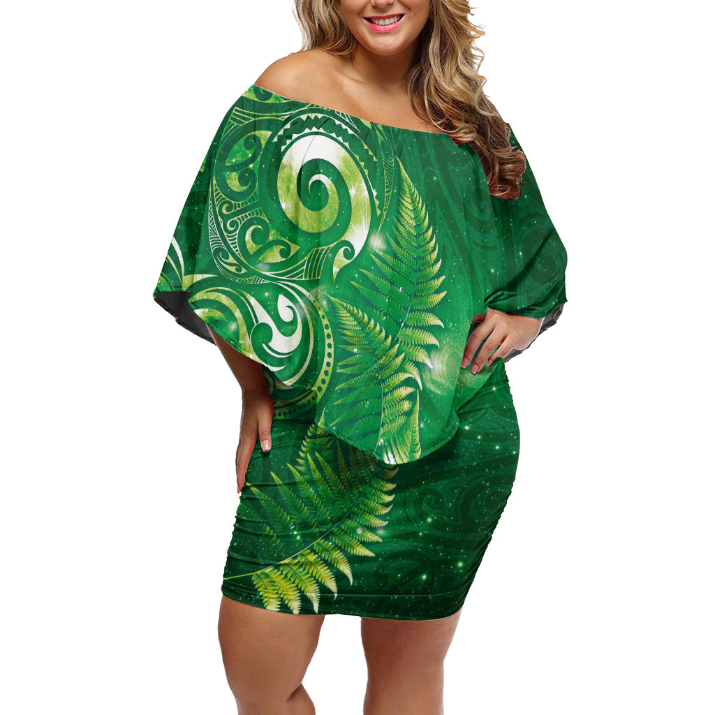 Aotearoa New Zealand New Year Family Matching Off Shoulder Short Dress and Hawaiian Shirt Tribal Koru Tattoo Green Galaxy Maori Silver Fern