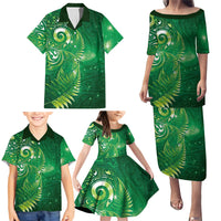 Aotearoa New Zealand New Year Family Matching Puletasi and Hawaiian Shirt Tribal Koru Tattoo Green Galaxy Maori Silver Fern