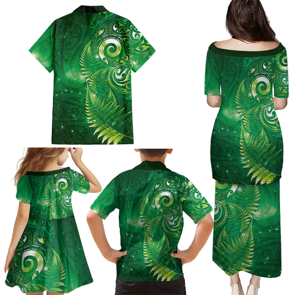 Aotearoa New Zealand New Year Family Matching Puletasi and Hawaiian Shirt Tribal Koru Tattoo Green Galaxy Maori Silver Fern