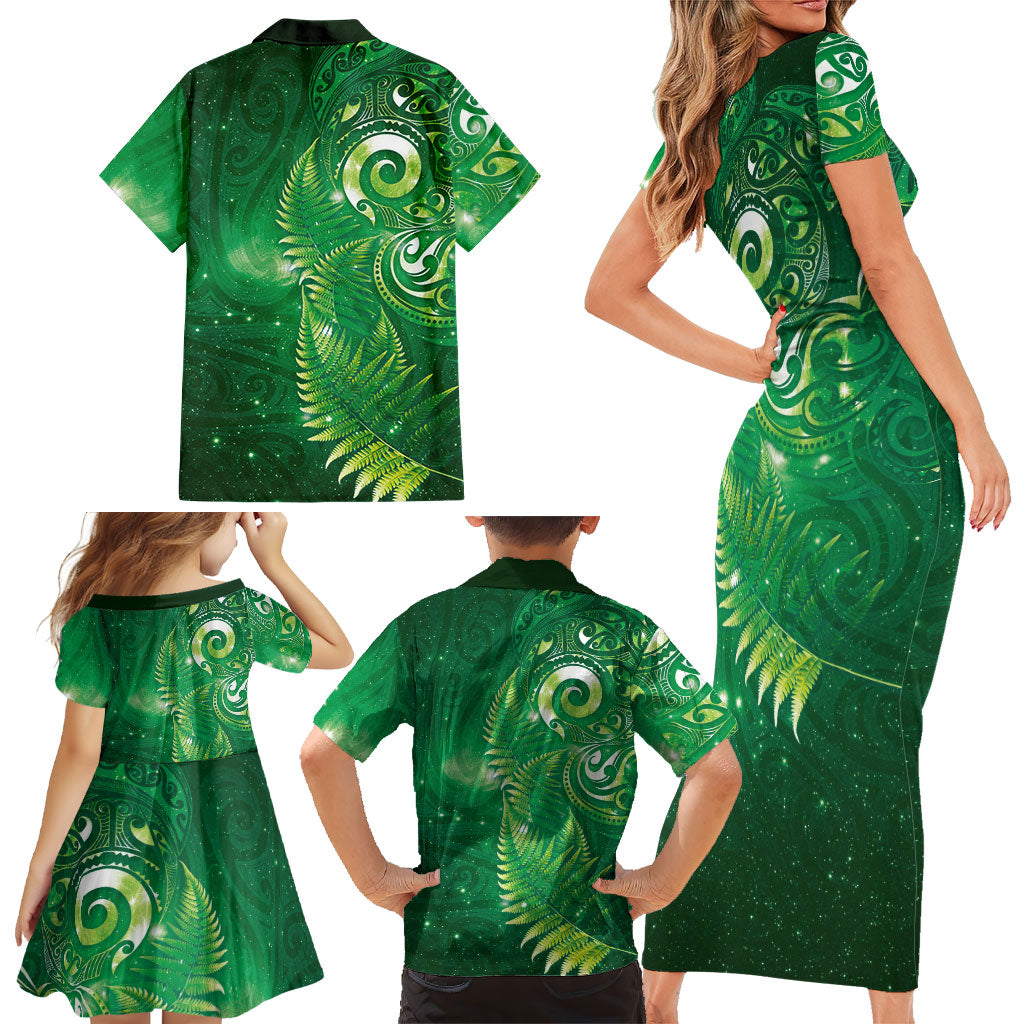 Aotearoa New Zealand New Year Family Matching Short Sleeve Bodycon Dress and Hawaiian Shirt Tribal Koru Tattoo Green Galaxy Maori Silver Fern