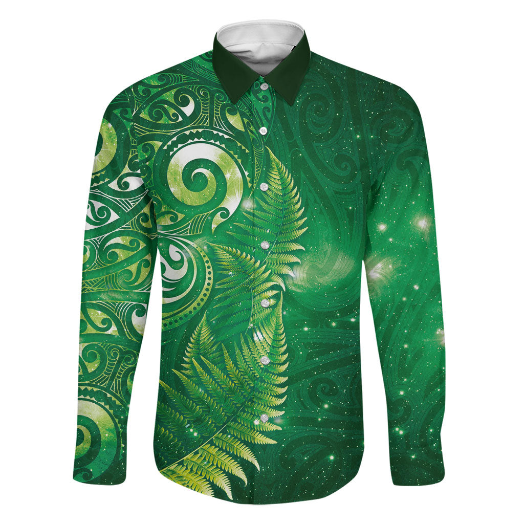 Aotearoa New Zealand New Year Family Matching Short Sleeve Bodycon Dress and Hawaiian Shirt Tribal Koru Tattoo Green Galaxy Maori Silver Fern