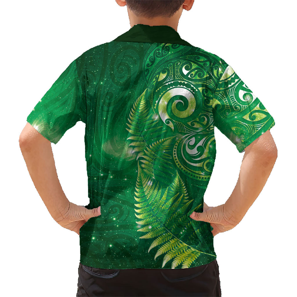 Aotearoa New Zealand New Year Family Matching Summer Maxi Dress and Hawaiian Shirt Tribal Koru Tattoo Green Galaxy Maori Silver Fern