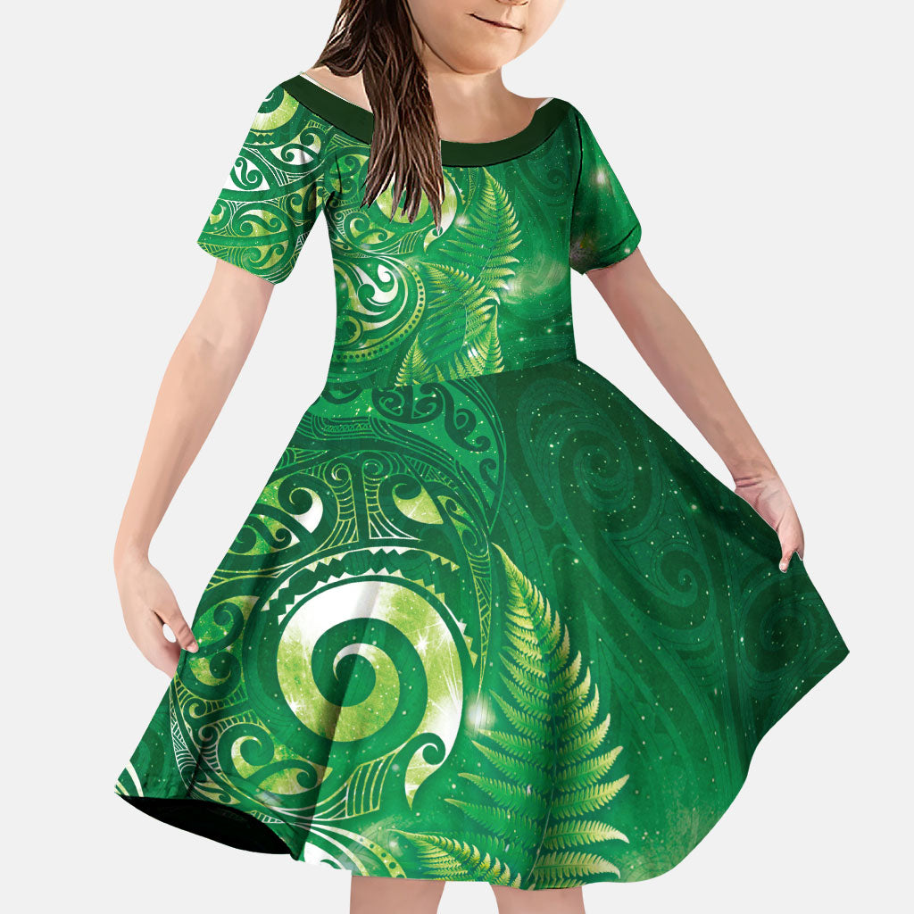 Aotearoa New Zealand New Year Family Matching Summer Maxi Dress and Hawaiian Shirt Tribal Koru Tattoo Green Galaxy Maori Silver Fern