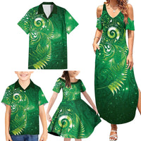 Aotearoa New Zealand New Year Family Matching Summer Maxi Dress and Hawaiian Shirt Tribal Koru Tattoo Green Galaxy Maori Silver Fern