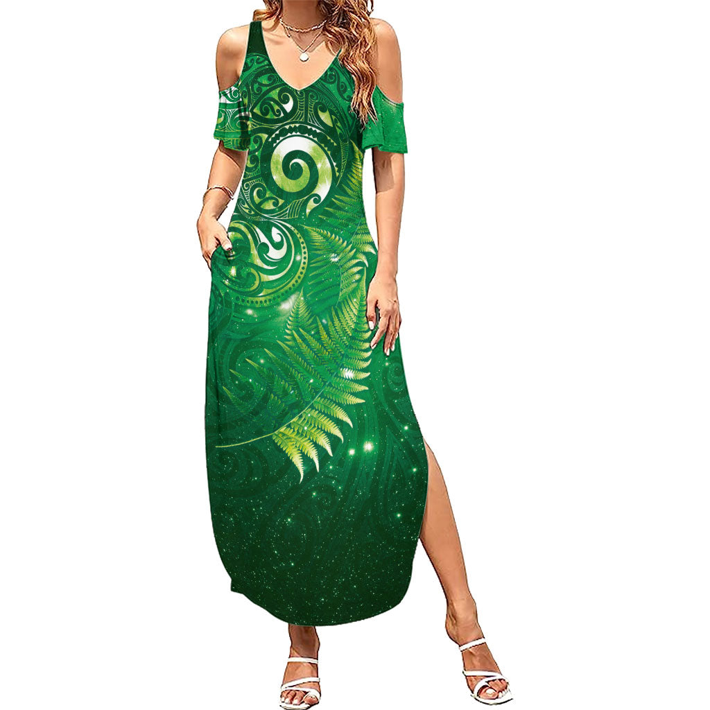 Aotearoa New Zealand New Year Family Matching Summer Maxi Dress and Hawaiian Shirt Tribal Koru Tattoo Green Galaxy Maori Silver Fern
