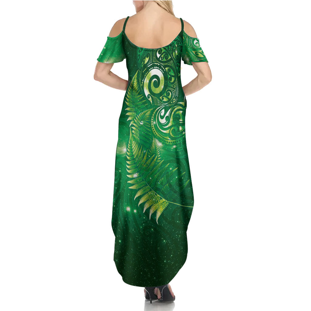 Aotearoa New Zealand New Year Family Matching Summer Maxi Dress and Hawaiian Shirt Tribal Koru Tattoo Green Galaxy Maori Silver Fern