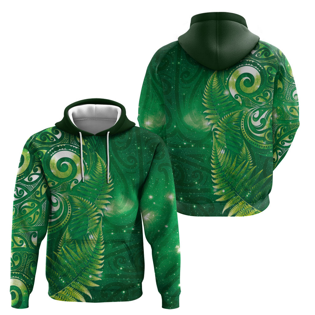 Aotearoa New Zealand New Year Hoodie Tribal Koru Tattoo Green Galaxy Maori Silver Fern