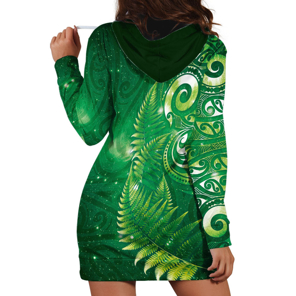 Aotearoa New Zealand New Year Hoodie Dress Tribal Koru Tattoo Green Galaxy Maori Silver Fern