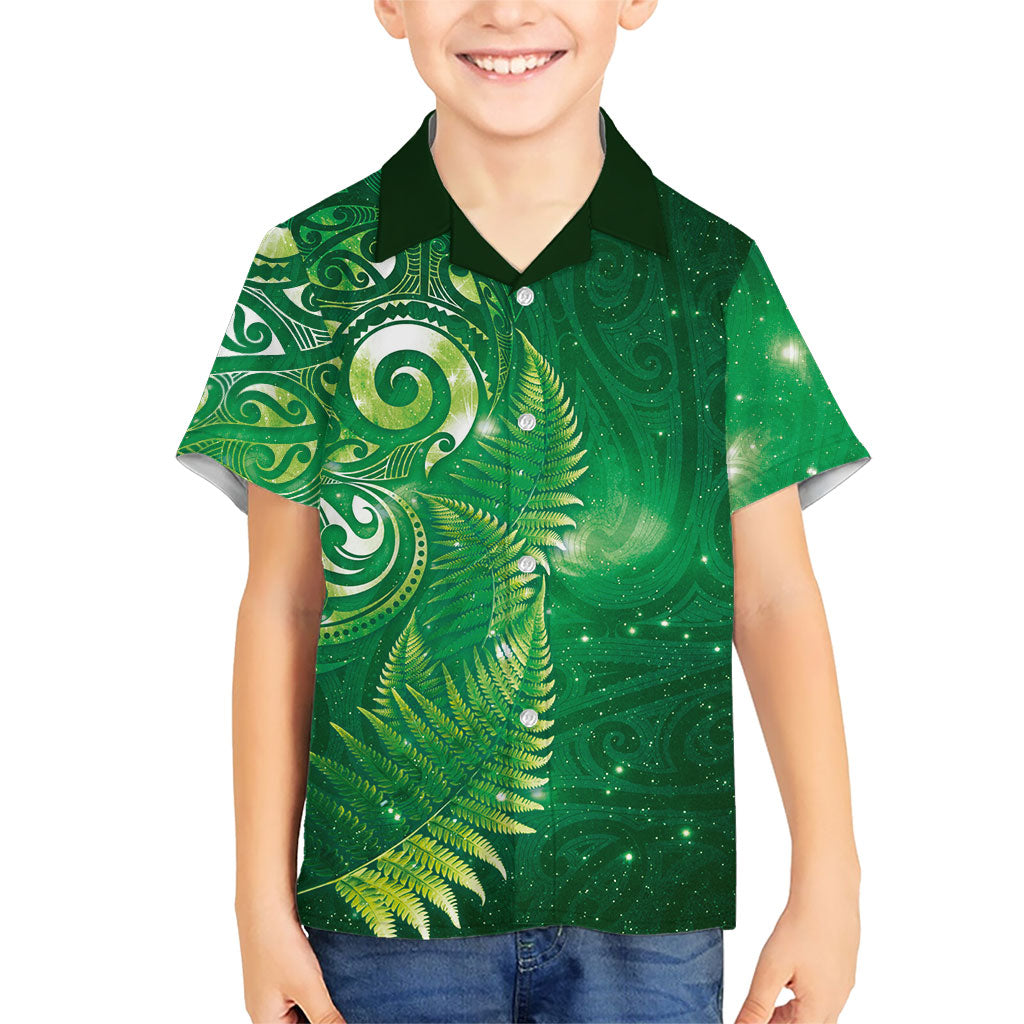 Aotearoa New Zealand New Year Kid Hawaiian Shirt Tribal Koru Tattoo Green Galaxy Maori Silver Fern LT03 Kid Green - Polynesian Pride