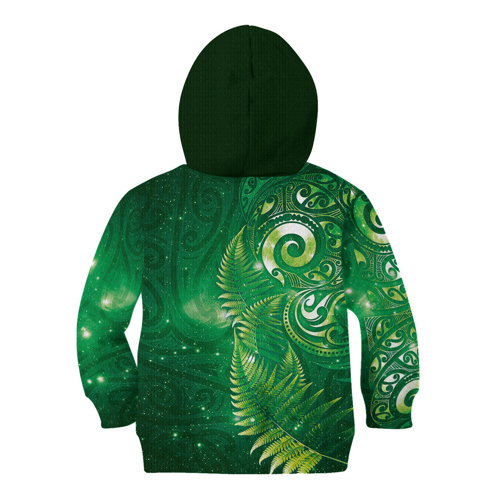 Aotearoa New Zealand New Year Kid Hoodie Tribal Koru Tattoo Green Galaxy Maori Silver Fern
