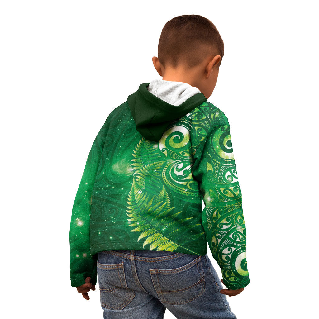 Aotearoa New Zealand New Year Kid Hoodie Tribal Koru Tattoo Green Galaxy Maori Silver Fern