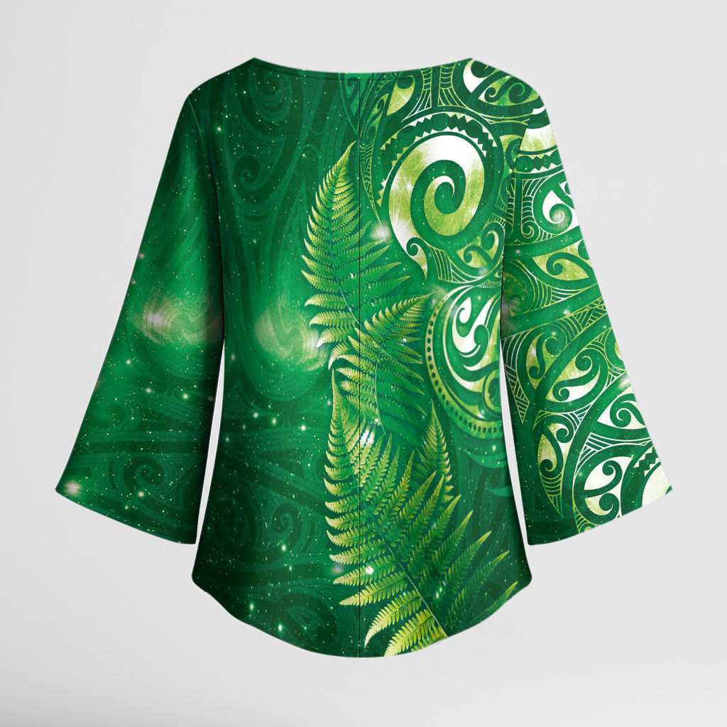 Aotearoa New Zealand New Year Kimono Sleeve Blouse Tribal Koru Tattoo Green Galaxy Maori Silver Fern