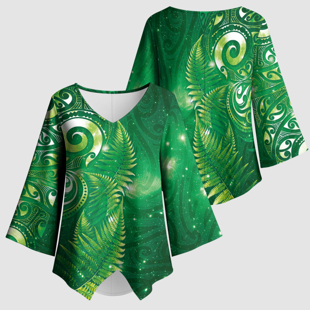 Aotearoa New Zealand New Year Kimono Sleeve Blouse Tribal Koru Tattoo Green Galaxy Maori Silver Fern