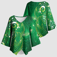 Aotearoa New Zealand New Year Kimono Sleeve Blouse Tribal Koru Tattoo Green Galaxy Maori Silver Fern