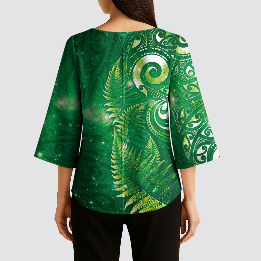 Aotearoa New Zealand New Year Kimono Sleeve Blouse Tribal Koru Tattoo Green Galaxy Maori Silver Fern