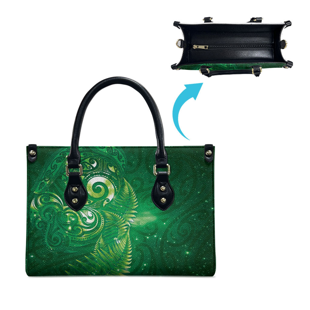Aotearoa New Zealand New Year Leather Bag Tribal Koru Tattoo Green Galaxy Maori Silver Fern