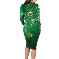 Aotearoa New Zealand New Year Long Sleeve Bodycon Dress Tribal Koru Tattoo Green Galaxy Maori Silver Fern