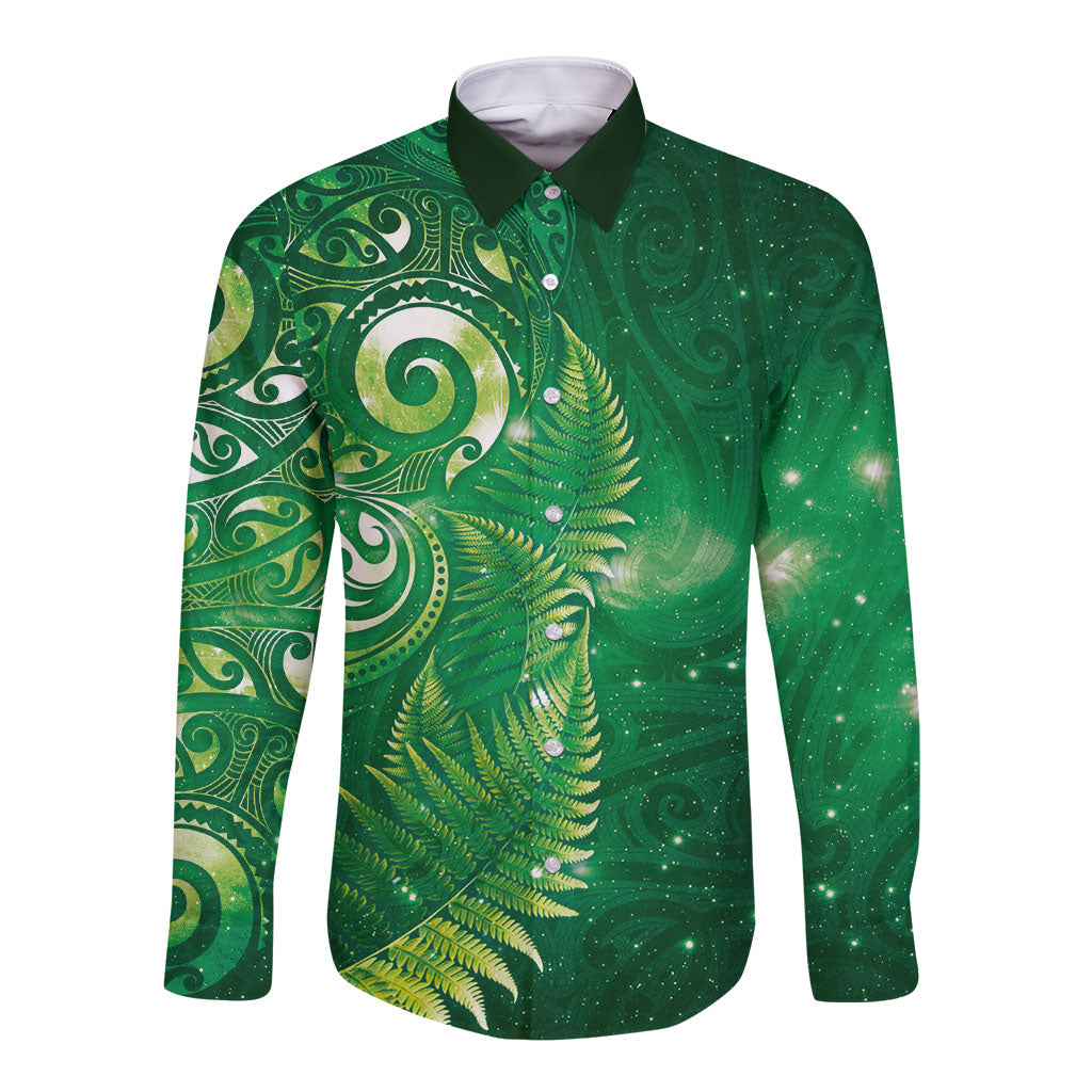 Aotearoa New Zealand New Year Long Sleeve Button Shirt Tribal Koru Tattoo Green Galaxy Maori Silver Fern LT03 Unisex Green - Polynesian Pride