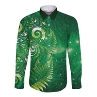 Aotearoa New Zealand New Year Long Sleeve Button Shirt Tribal Koru Tattoo Green Galaxy Maori Silver Fern