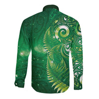 Aotearoa New Zealand New Year Long Sleeve Button Shirt Tribal Koru Tattoo Green Galaxy Maori Silver Fern