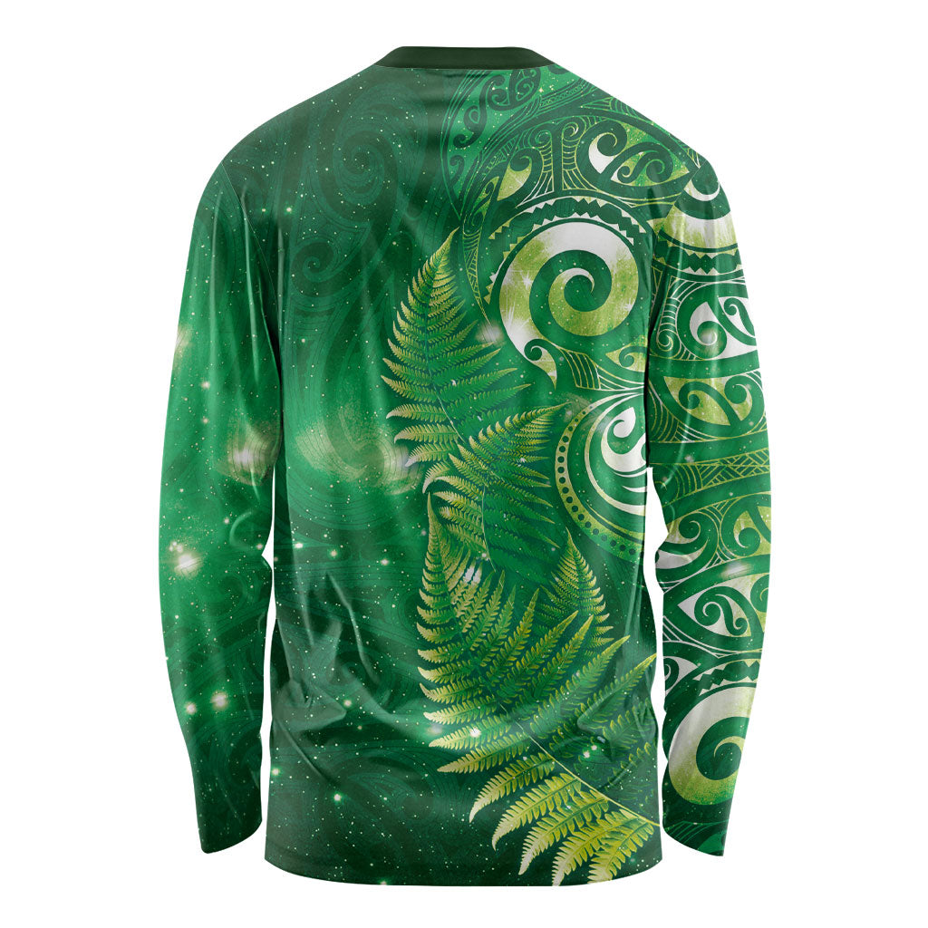 Aotearoa New Zealand New Year Long Sleeve Shirt Tribal Koru Tattoo Green Galaxy Maori Silver Fern