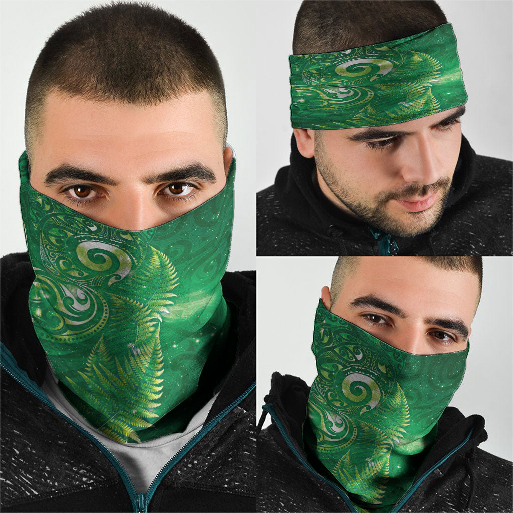 Aotearoa New Zealand New Year Neck Gaiter Tribal Koru Tattoo Green Galaxy Maori Silver Fern