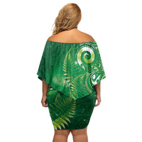 Aotearoa New Zealand New Year Off Shoulder Short Dress Tribal Koru Tattoo Green Galaxy Maori Silver Fern
