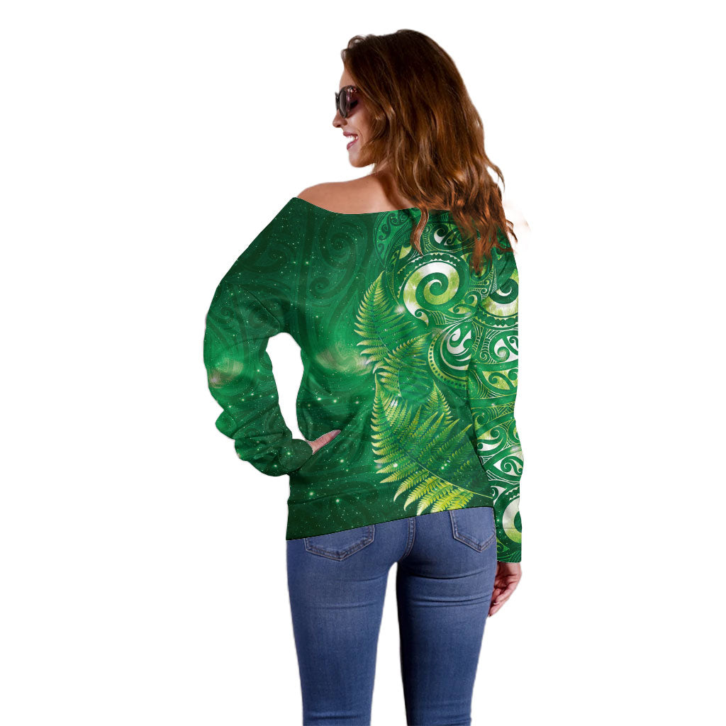 Aotearoa New Zealand New Year Off Shoulder Sweater Tribal Koru Tattoo Green Galaxy Maori Silver Fern