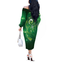 Aotearoa New Zealand New Year Off The Shoulder Long Sleeve Dress Tribal Koru Tattoo Green Galaxy Maori Silver Fern