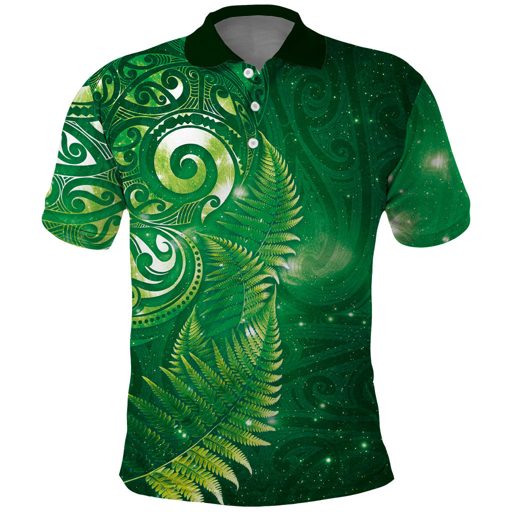 Aotearoa New Zealand New Year Polo Shirt Tribal Koru Tattoo Green Galaxy Maori Silver Fern