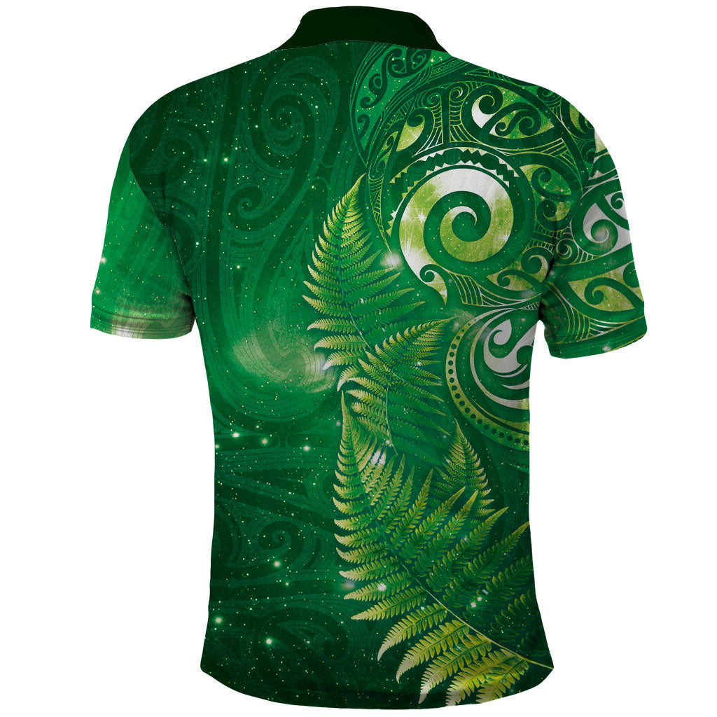 Aotearoa New Zealand New Year Polo Shirt Tribal Koru Tattoo Green Galaxy Maori Silver Fern