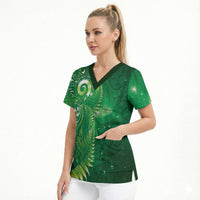 Aotearoa New Zealand New Year Scrub Top Tribal Koru Tattoo Green Galaxy Maori Silver Fern