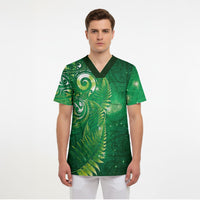 Aotearoa New Zealand New Year Scrub Top Tribal Koru Tattoo Green Galaxy Maori Silver Fern