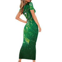 Aotearoa New Zealand New Year Short Sleeve Bodycon Dress Tribal Koru Tattoo Green Galaxy Maori Silver Fern
