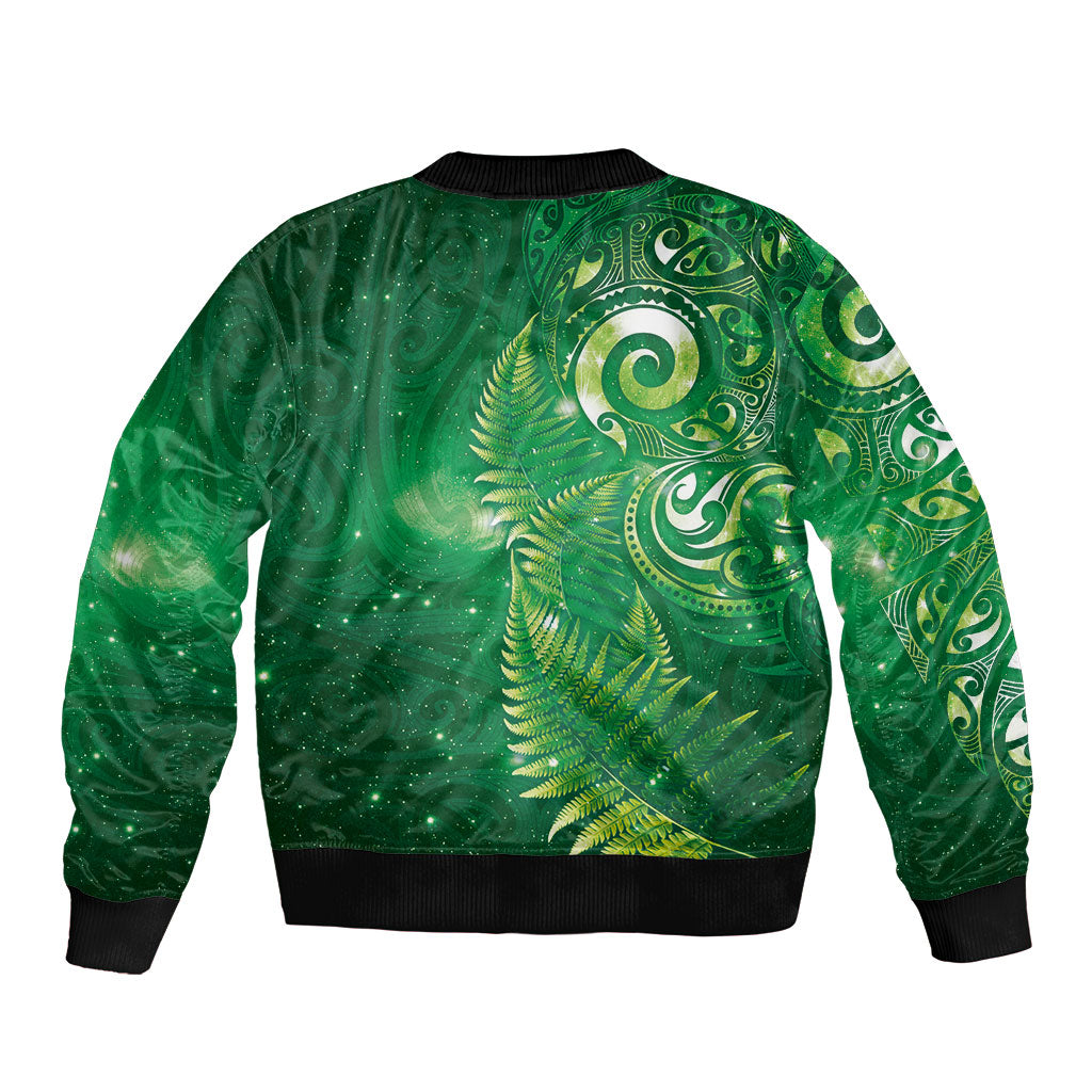 Aotearoa New Zealand New Year Sleeve Zip Bomber Jacket Tribal Koru Tattoo Green Galaxy Maori Silver Fern