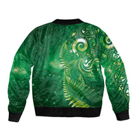 Aotearoa New Zealand New Year Sleeve Zip Bomber Jacket Tribal Koru Tattoo Green Galaxy Maori Silver Fern