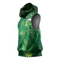 Aotearoa New Zealand New Year Sleeveless Hoodie Tribal Koru Tattoo Green Galaxy Maori Silver Fern
