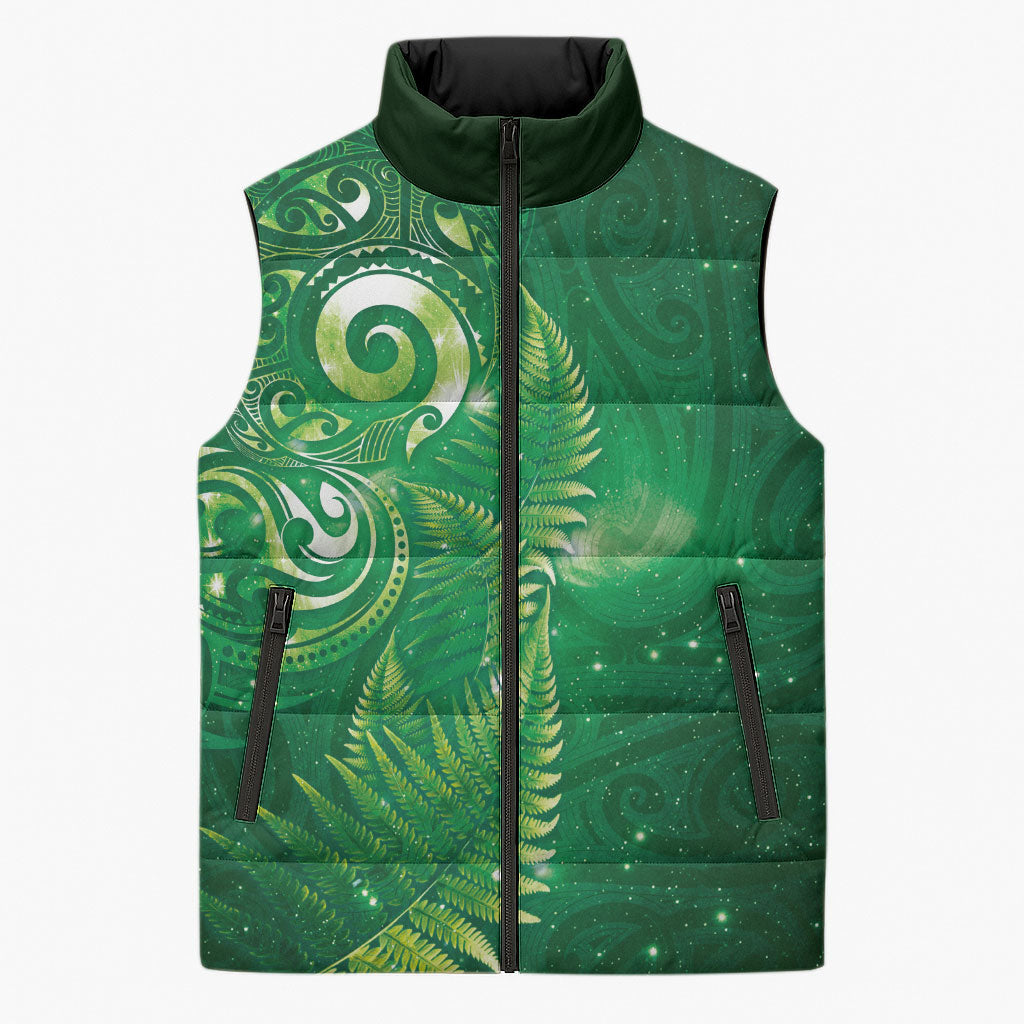 Aotearoa New Zealand New Year Sleeveless Puffer Jacket Tribal Koru Tattoo Green Galaxy Maori Silver Fern LT03 Unisex Green - Polynesian Pride