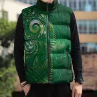 Aotearoa New Zealand New Year Sleeveless Puffer Jacket Tribal Koru Tattoo Green Galaxy Maori Silver Fern