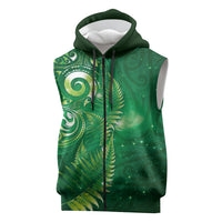 Aotearoa New Zealand New Year Sleeveless Zip Hoodie Tribal Koru Tattoo Green Galaxy Maori Silver Fern