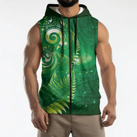 Aotearoa New Zealand New Year Sleeveless Zip Hoodie Tribal Koru Tattoo Green Galaxy Maori Silver Fern