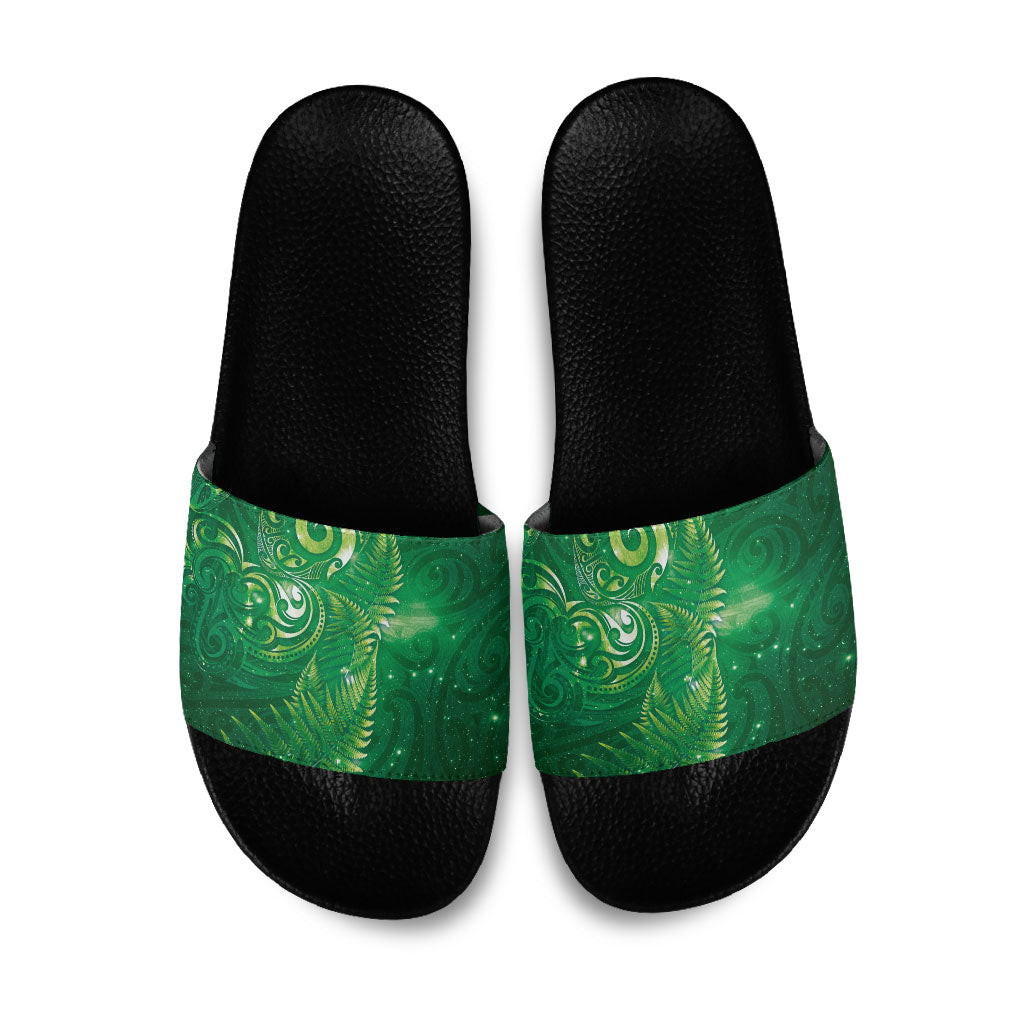 Aotearoa New Zealand New Year Slide Sandals Tribal Koru Tattoo Green Galaxy Maori Silver Fern LT03 Green - Polynesian Pride